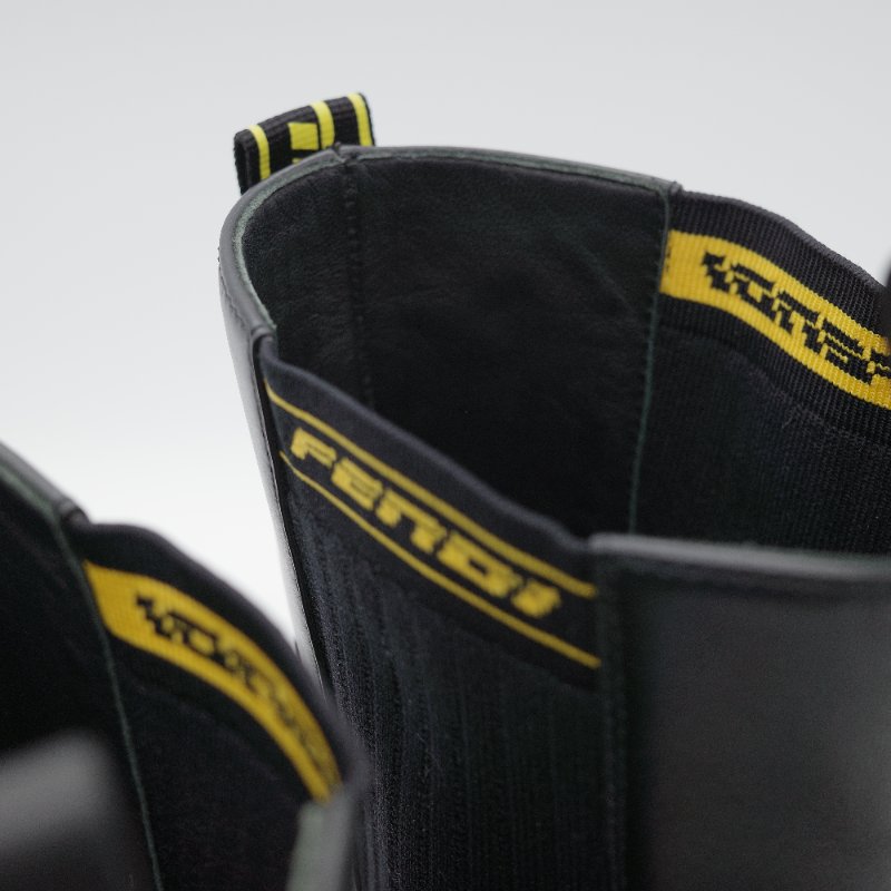 Fendi 芬迪 Rockoko 黑色 牛皮革 彈性織物 拼接 厚底機車靴 EU38-10