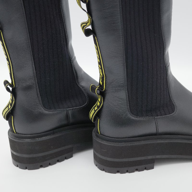 Fendi 芬迪 Rockoko 黑色 牛皮革 彈性織物 拼接 厚底機車靴 EU38-11