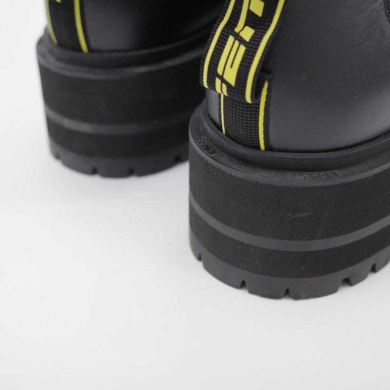 Fendi 芬迪 Rockoko 黑色 牛皮革 彈性織物 拼接 厚底機車靴 EU38-12