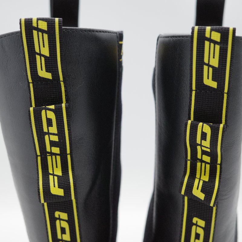 Fendi 芬迪 Rockoko 黑色 牛皮革 彈性織物 拼接 厚底機車靴 EU38-13