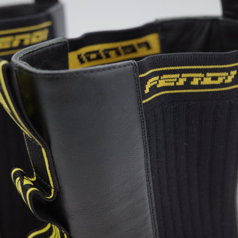 Fendi 芬迪 Rockoko 黑色 牛皮革 彈性織物 拼接 厚底機車靴 EU38-14