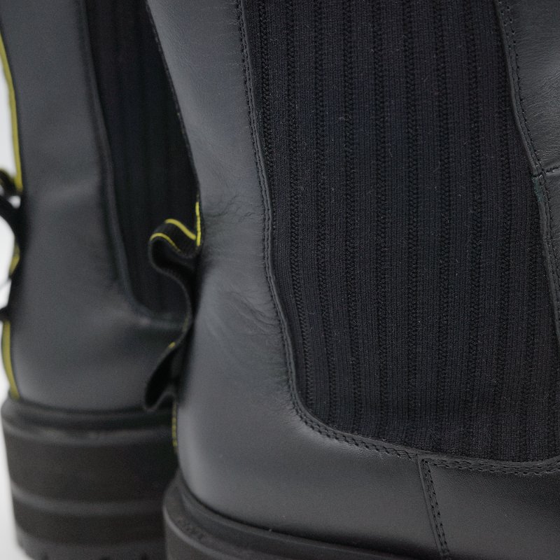 Fendi 芬迪 Rockoko 黑色 牛皮革 彈性織物 拼接 厚底機車靴 EU38-15