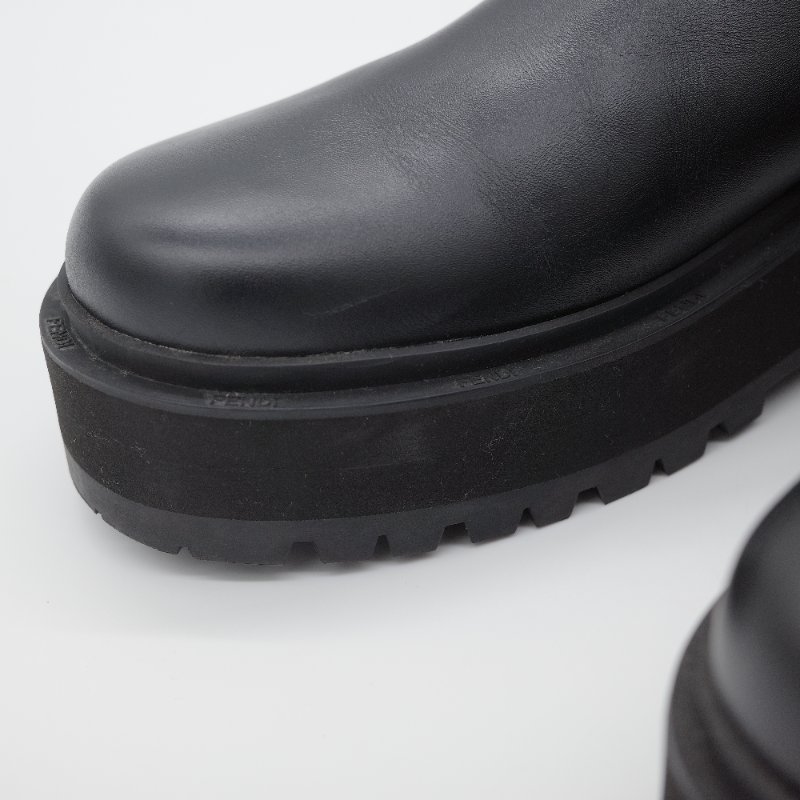 Fendi 芬迪 Rockoko 黑色 牛皮革 彈性織物 拼接 厚底機車靴 EU38-18