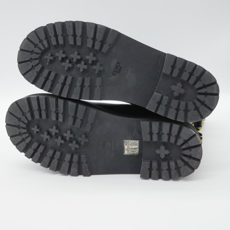 Fendi 芬迪 Rockoko 黑色 牛皮革 彈性織物 拼接 厚底機車靴 EU38-21