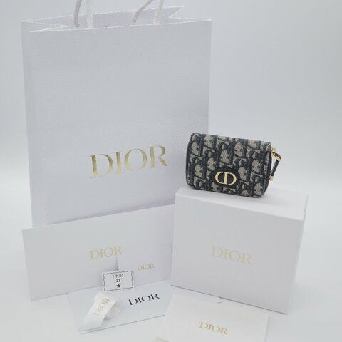 Dior 迪奧 30 蒙田 Nano 藍色 緹花帆布 拉鍊短夾
