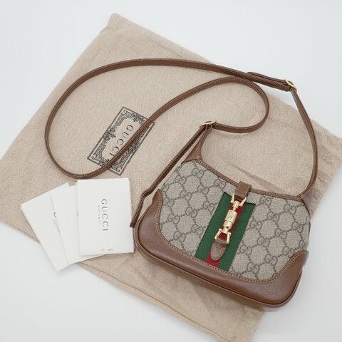 Gucci 古馳 Jackie 1961 mini GG Supreme 米色 深棕塗層帆布 棕色皮革 綠紅織帶 肩背包