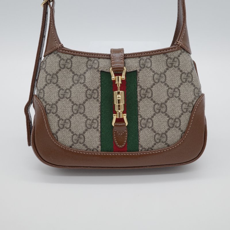 Gucci 古馳 Jackie 1961 mini GG Supreme 米色 深棕塗層帆布 棕色皮革 綠紅織帶 肩背包-1