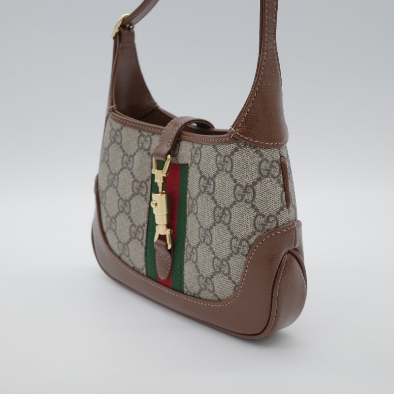 Gucci 古馳 Jackie 1961 mini GG Supreme 米色 深棕塗層帆布 棕色皮革 綠紅織帶 肩背包-2