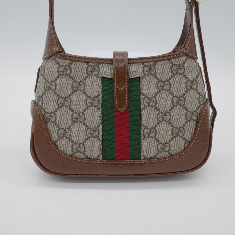 Gucci 古馳 Jackie 1961 mini GG Supreme 米色 深棕塗層帆布 棕色皮革 綠紅織帶 肩背包-3