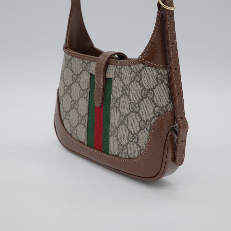 Gucci 古馳 Jackie 1961 mini GG Supreme 米色 深棕塗層帆布 棕色皮革 綠紅織帶 肩背包-4