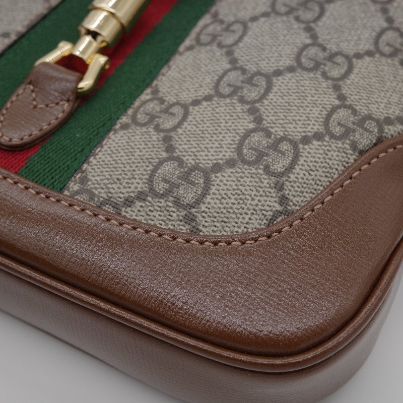 Gucci 古馳 Jackie 1961 mini GG Supreme 米色 深棕塗層帆布 棕色皮革 綠紅織帶 肩背包-5