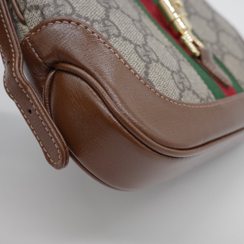 Gucci 古馳 Jackie 1961 mini GG Supreme 米色 深棕塗層帆布 棕色皮革 綠紅織帶 肩背包-6