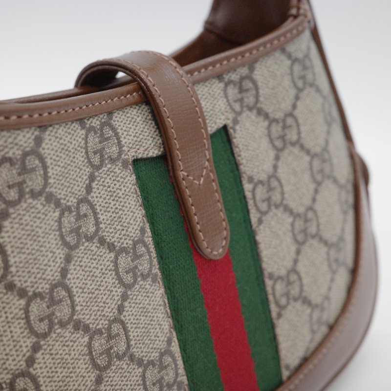Gucci 古馳 Jackie 1961 mini GG Supreme 米色 深棕塗層帆布 棕色皮革 綠紅織帶 肩背包-8
