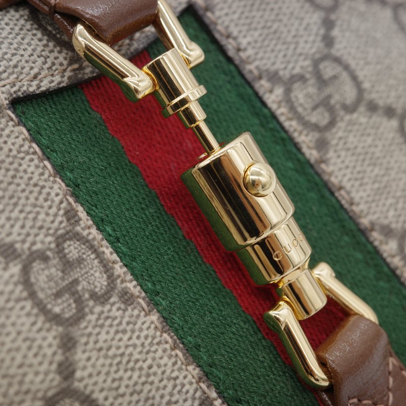 Gucci 古馳 Jackie 1961 mini GG Supreme 米色 深棕塗層帆布 棕色皮革 綠紅織帶 肩背包-10