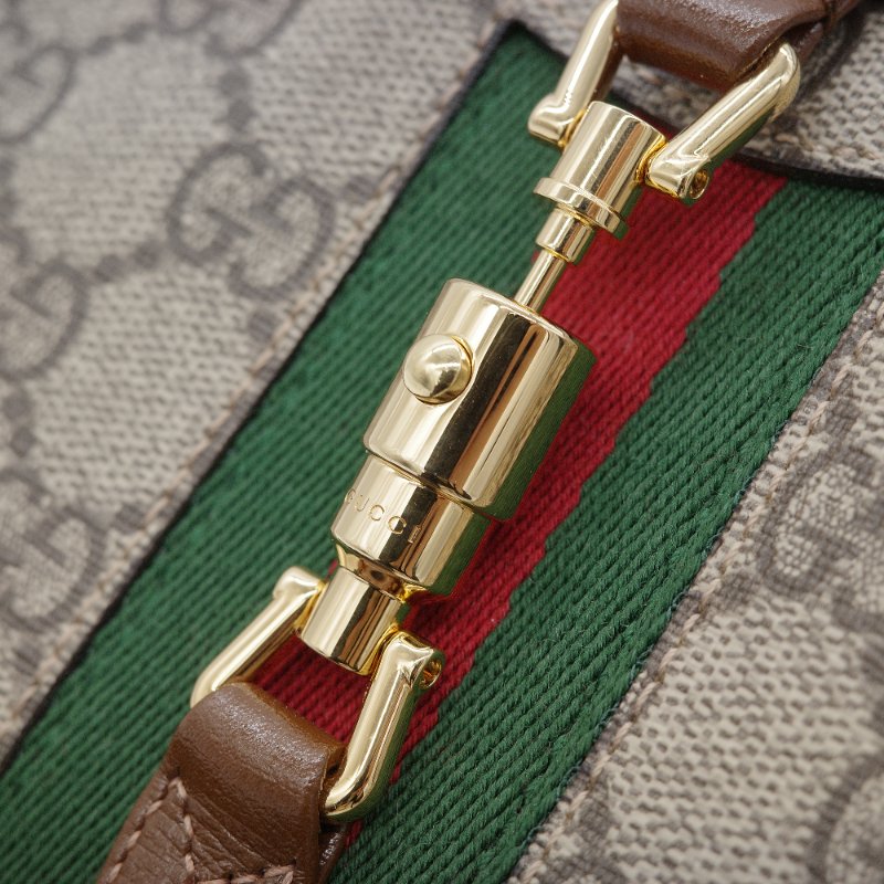 Gucci 古馳 Jackie 1961 mini GG Supreme 米色 深棕塗層帆布 棕色皮革 綠紅織帶 肩背包-11