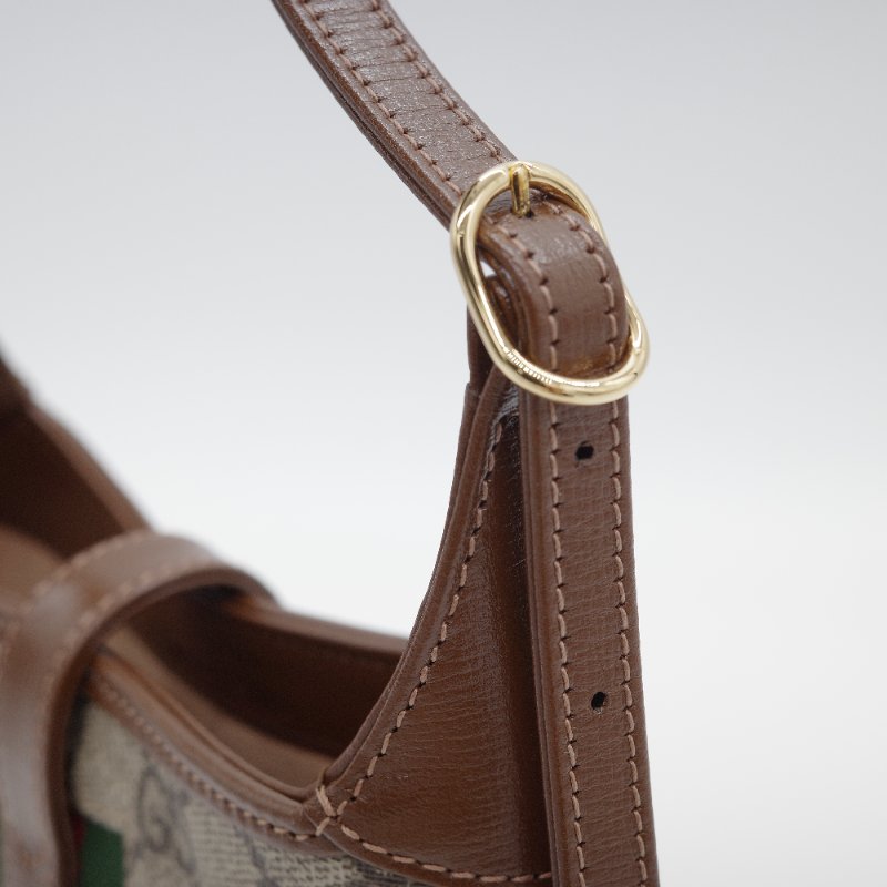 Gucci 古馳 Jackie 1961 mini GG Supreme 米色 深棕塗層帆布 棕色皮革 綠紅織帶 肩背包-18