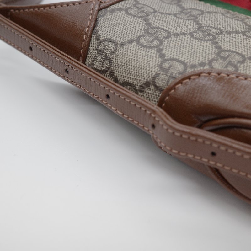 Gucci 古馳 Jackie 1961 mini GG Supreme 米色 深棕塗層帆布 棕色皮革 綠紅織帶 肩背包-19