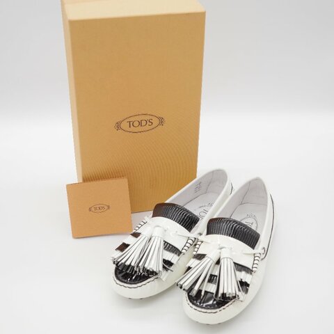 Tod's 托德斯 Gommino 黑白條紋 皮革流蘇 豆豆鞋 EU38