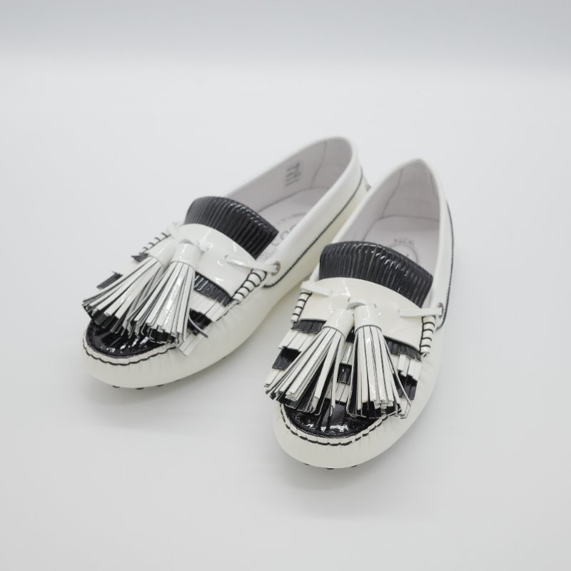 Tod's 托德斯 Gommino 黑白條紋 皮革流蘇 豆豆鞋 EU38-1