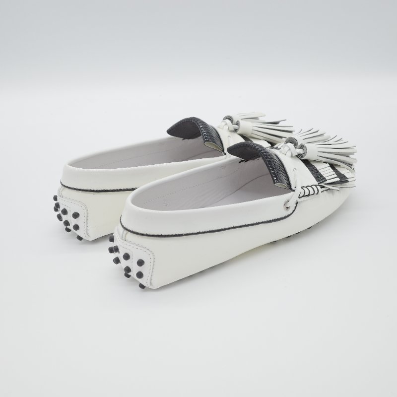 Tod's 托德斯 Gommino 黑白條紋 皮革流蘇 豆豆鞋 EU38-2