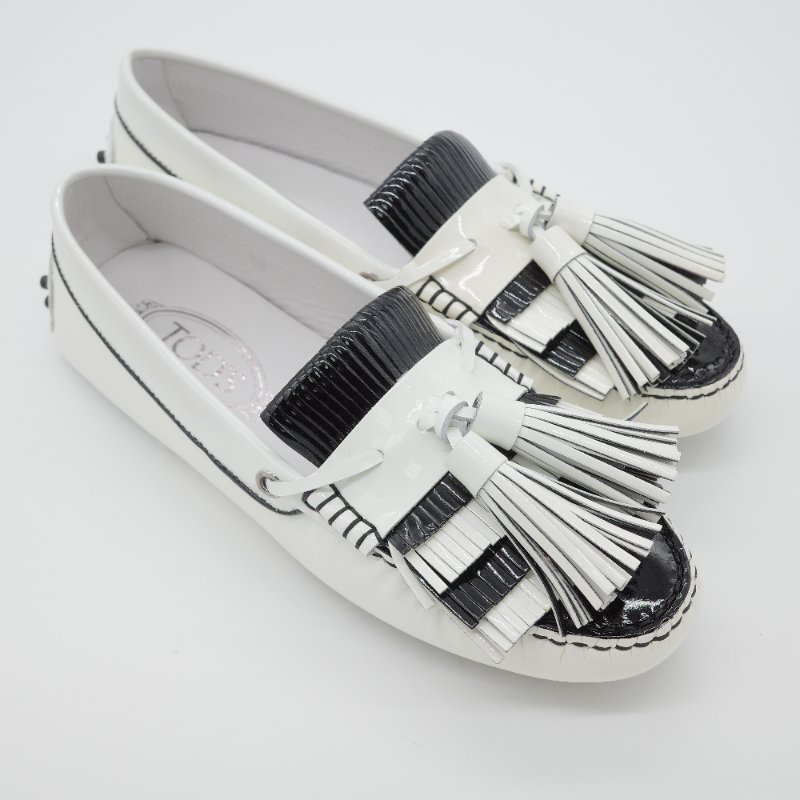 Tod's 托德斯 Gommino 黑白條紋 皮革流蘇 豆豆鞋 EU38-8