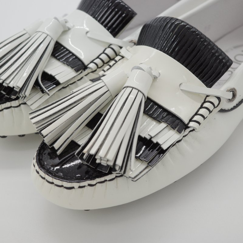 Tod's 托德斯 Gommino 黑白條紋 皮革流蘇 豆豆鞋 EU38-15