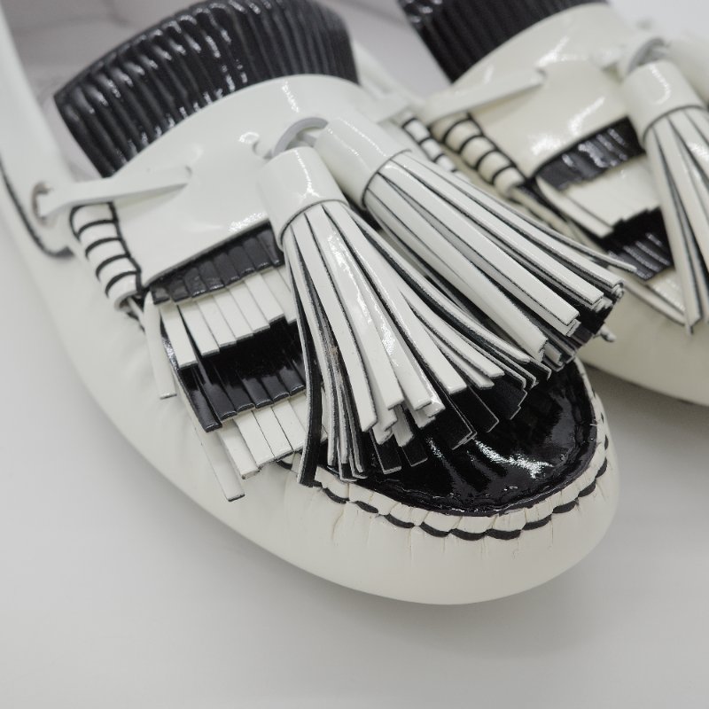 Tod's 托德斯 Gommino 黑白條紋 皮革流蘇 豆豆鞋 EU38-16