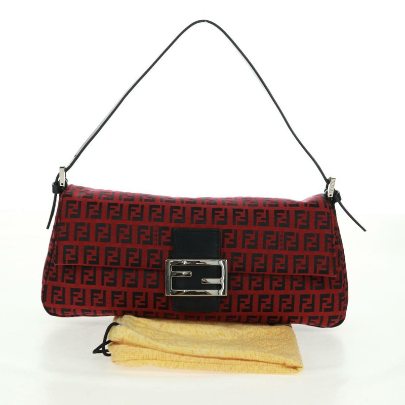 【日本直送】FENDI Zucchino帆布Mamma Baguette單肩包 紅色銀色 正品 161663SAV-11