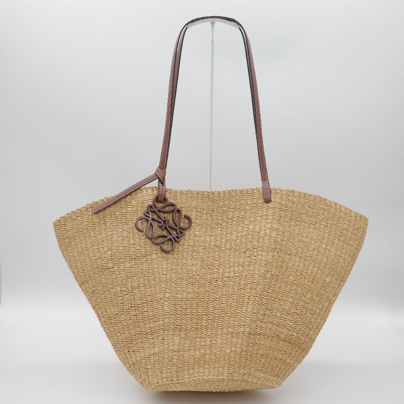 Loewe 羅威 Shell Basket 原色 棕色 編織拉菲草拼 Logo吊飾 托特包 草編包 單肩包-0
