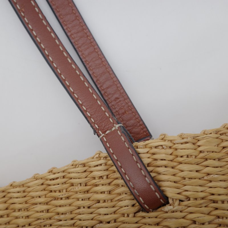 Loewe 羅威 Shell Basket 原色 棕色 編織拉菲草拼 Logo吊飾 托特包 草編包 單肩包-6