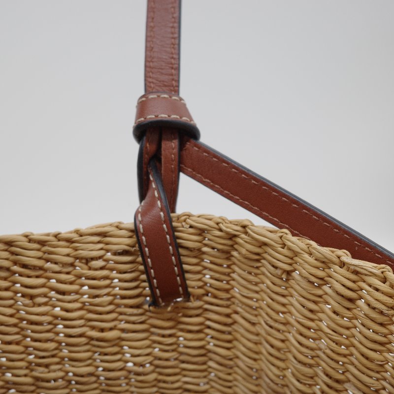 Loewe 羅威 Shell Basket 原色 棕色 編織拉菲草拼 Logo吊飾 托特包 草編包 單肩包-15