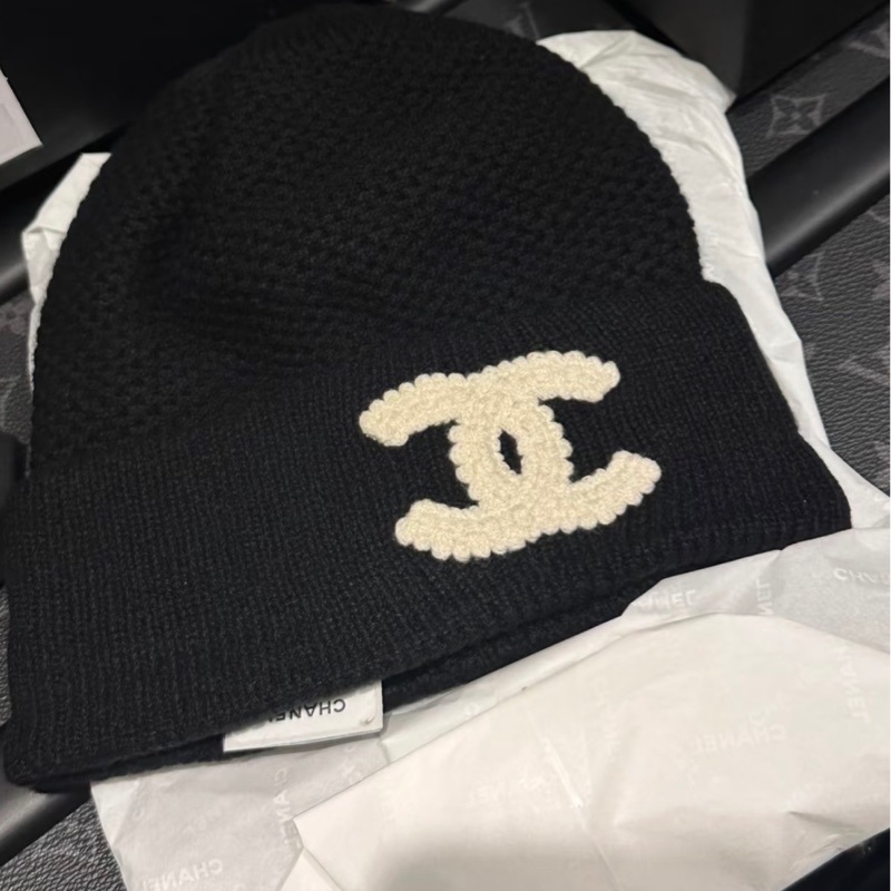 Chanel 26c 黑色菠蘿帽 針織冷帽白色cc logo-1