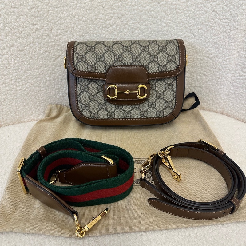 GUCCI Horsebit 1955系列 狀態非常好 型號:658574 HUHHG 8565 材質:米色/烏木色 GG Supreme 帆布-0
