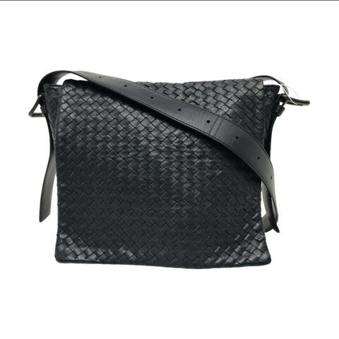 BOTTEGA VENETA 深藍色牛皮編織斜挎包單肩包黑色五金可拆卸肩帶