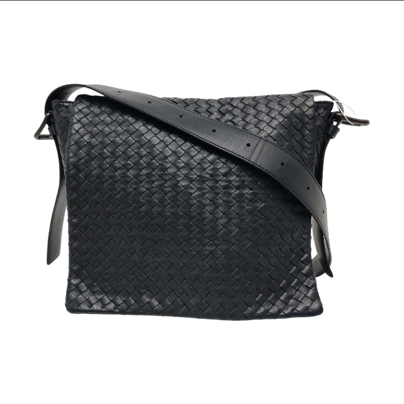 BOTTEGA VENETA 深藍色牛皮編織斜挎包單肩包黑色五金可拆卸肩帶-0