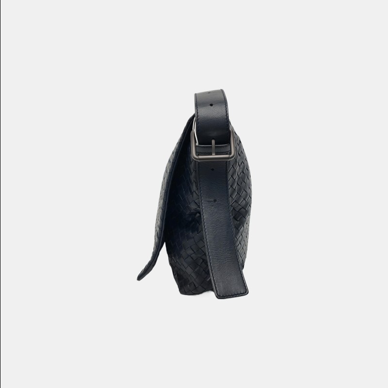BOTTEGA VENETA 深藍色牛皮編織斜挎包單肩包黑色五金可拆卸肩帶-1