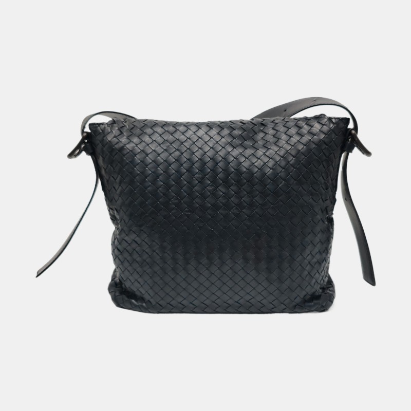 BOTTEGA VENETA 深藍色牛皮編織斜挎包單肩包黑色五金可拆卸肩帶-3