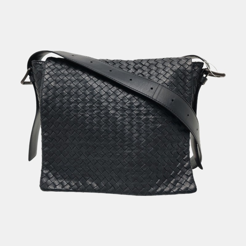 BOTTEGA VENETA 深藍色牛皮編織斜挎包單肩包黑色五金可拆卸肩帶-6