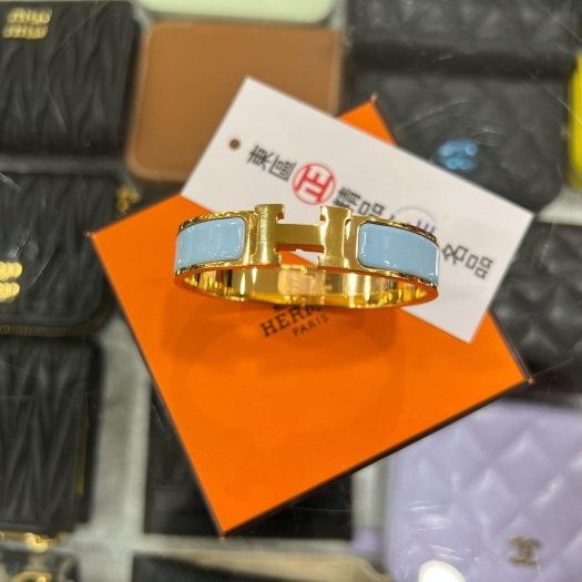 東區正精品㊣HERMES 愛馬仕水藍色H琺瑯金釦手環H手環細版 S號 RZ6178-0