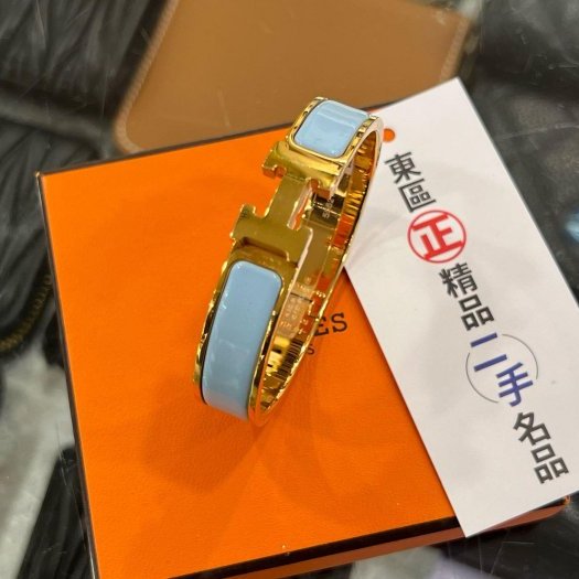 東區正精品㊣HERMES 愛馬仕水藍色H琺瑯金釦手環H手環細版 S號 RZ6178-1