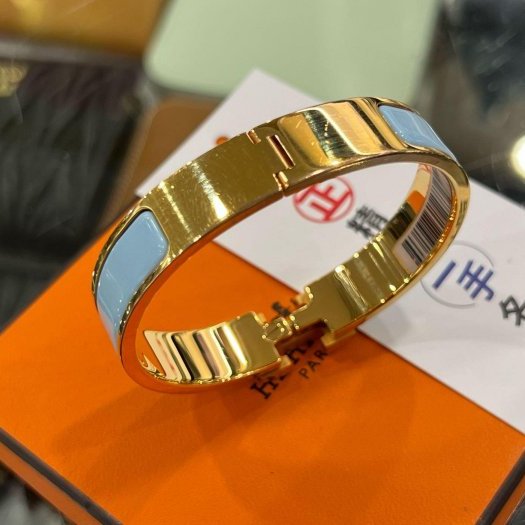 東區正精品㊣HERMES 愛馬仕水藍色H琺瑯金釦手環H手環細版 S號 RZ6178-2