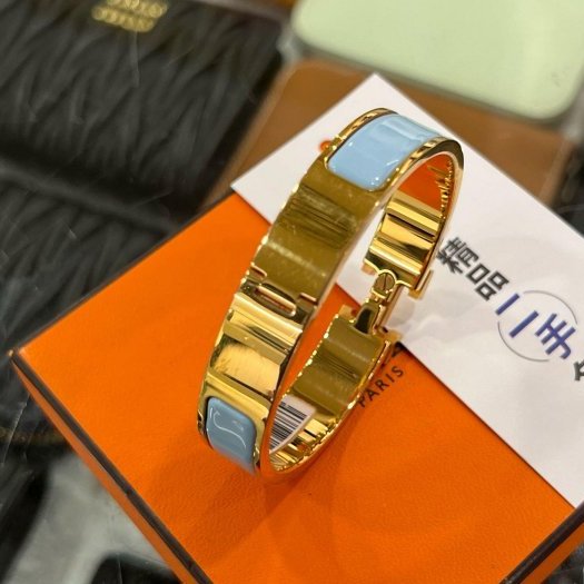 東區正精品㊣HERMES 愛馬仕水藍色H琺瑯金釦手環H手環細版 S號 RZ6178-3