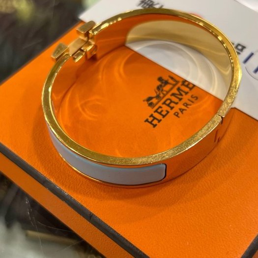 東區正精品㊣HERMES 愛馬仕水藍色H琺瑯金釦手環H手環細版 S號 RZ6178-4