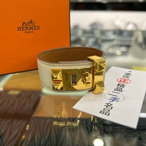 東區正精品㊣HERMES Collier de Chien CDC 米色皮革金扣手環 U刻RZ6180