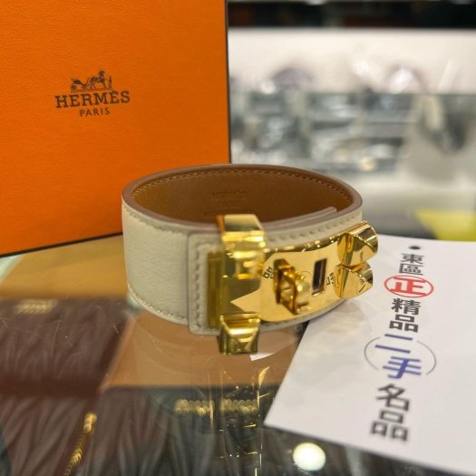 東區正精品㊣HERMES Collier de Chien CDC 米色皮革金扣手環 U刻RZ6180-1