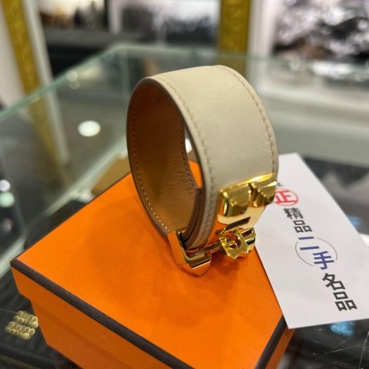 東區正精品㊣HERMES Collier de Chien CDC 米色皮革金扣手環 U刻RZ6180-2