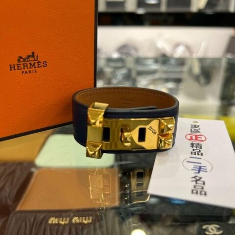 東區正精品㊣HERMES Collier de Chien 24 CDC 藍色皮革金扣手環 U刻 RZ6182