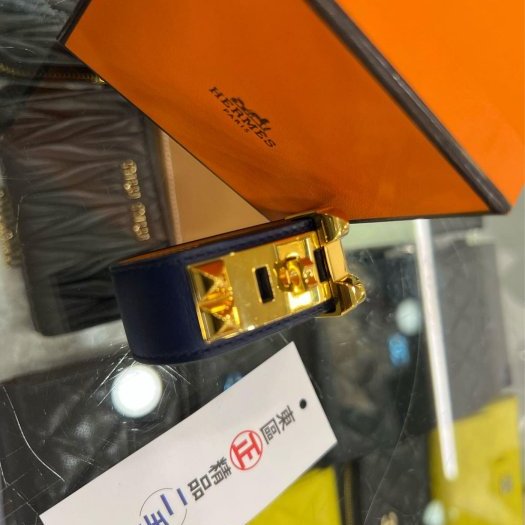 東區正精品㊣HERMES Collier de Chien 24 CDC 藍色皮革金扣手環 U刻 RZ6182-1