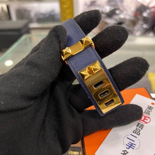 東區正精品㊣HERMES Collier de Chien 24 CDC 藍色皮革金扣手環 U刻 RZ6182-3