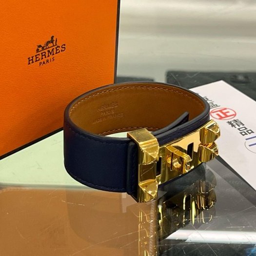 東區正精品㊣HERMES Collier de Chien 24 CDC 藍色皮革金扣手環 U刻 RZ6182-5